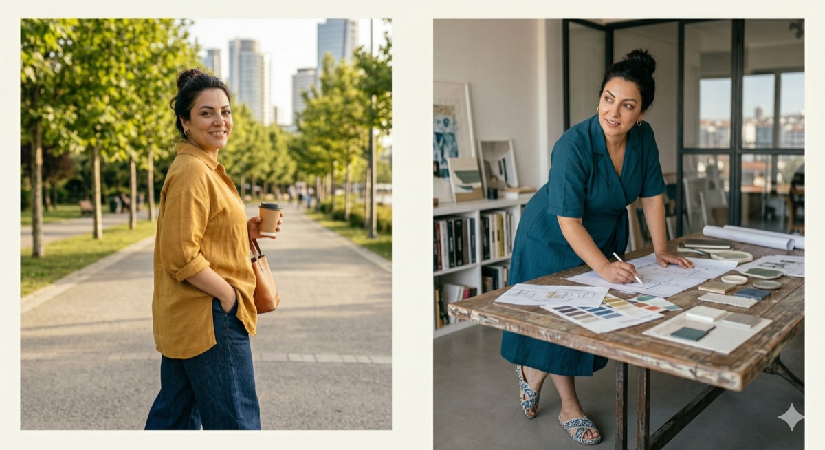 Evde gülümseyen kadın